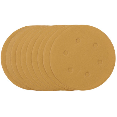 DR-64257 — Gold Sanding Discs with Hook & Loop, 150mm, 240 Grit, 6 Dust Extraction Holes (Pack of 10)