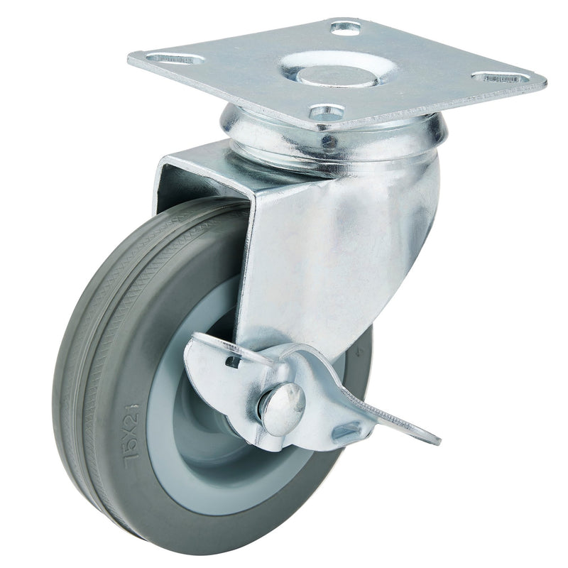 DR-65474 — Swivel Plate Fixing Rubber Castor with Brake, 75mm Diameter, S.W.L. 70kg