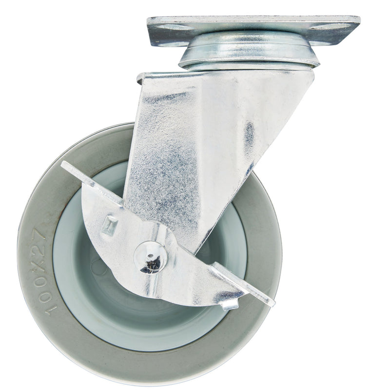 DR-65479 — Swivel Plate Fixing Rubber Castor with Brake, 100mm Diameter, S.W.L. 80kg