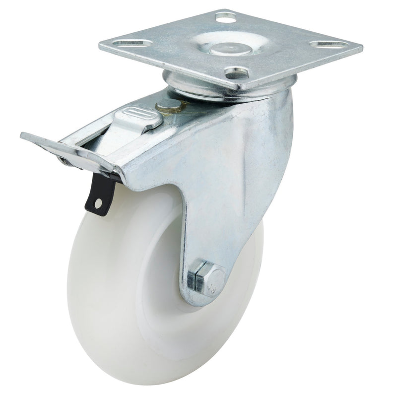 DR-65504 — Swivel Plate Fixing Nylon Wheel with Brake, 100mm Diameter, S.W.L. 125kg