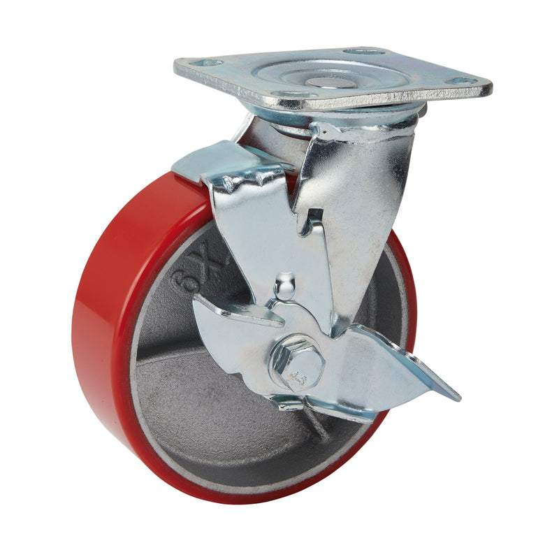 DR-65530 — Swivel Plate Fixing Heavy Duty Polyurethane Wheel with Brake, 160mm Diameter, S.W.L. 400kg