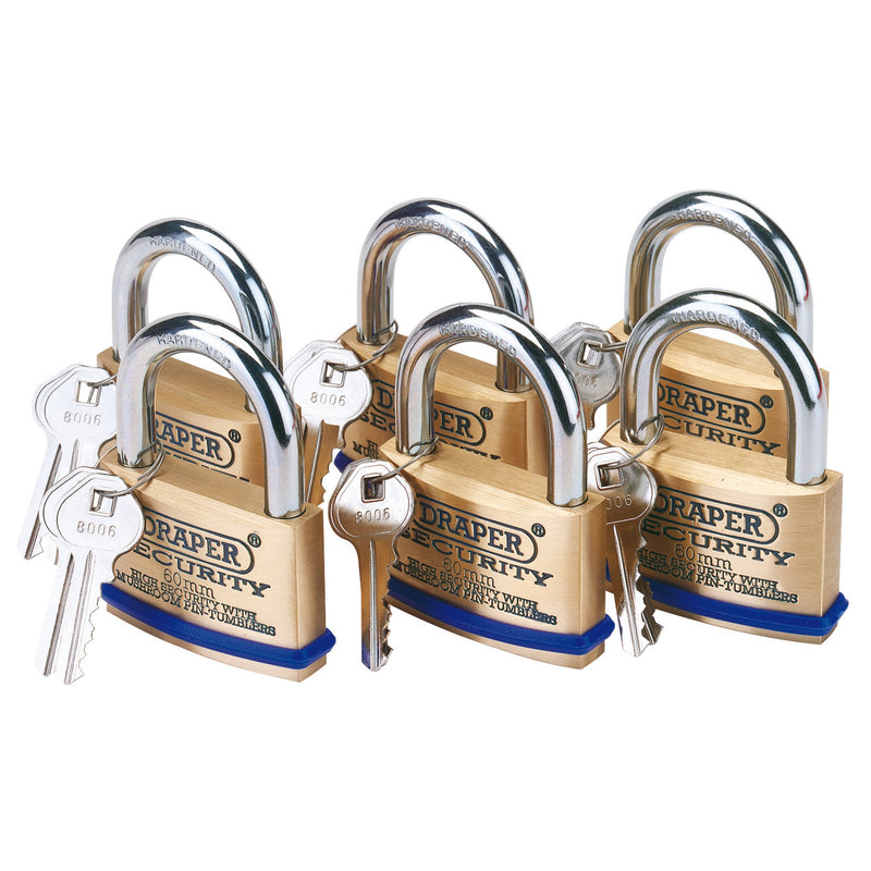 DR-67663 — Solid Brass Padlocks with Hardened Steel Shackle, 60mm (Pack of 6)