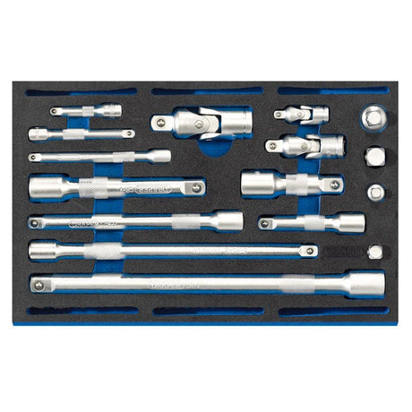 Draper IT - EVA44 Extension Bar, Universal Joints and Socket Convertor Set 1/4 Drawer EVA Insert Tray (16 Piece) - (63530) - DR-63530 - Draper - Trade Counter Direct