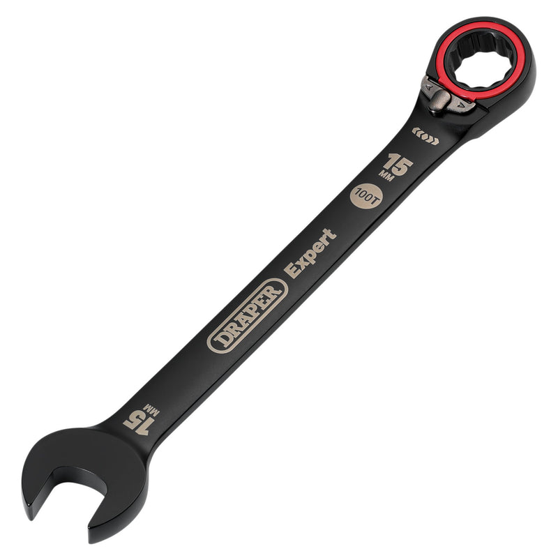 Draper Expert HI-TORQ® Metric Reversible Ratchet Combination Spanner, 15mm, Black