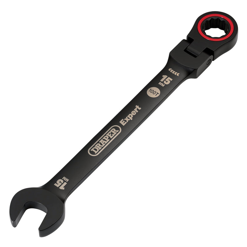 Draper Expert HI-TORQ® Metric Flexible Head Ratchet Combination Spanner, 15mm, Black
