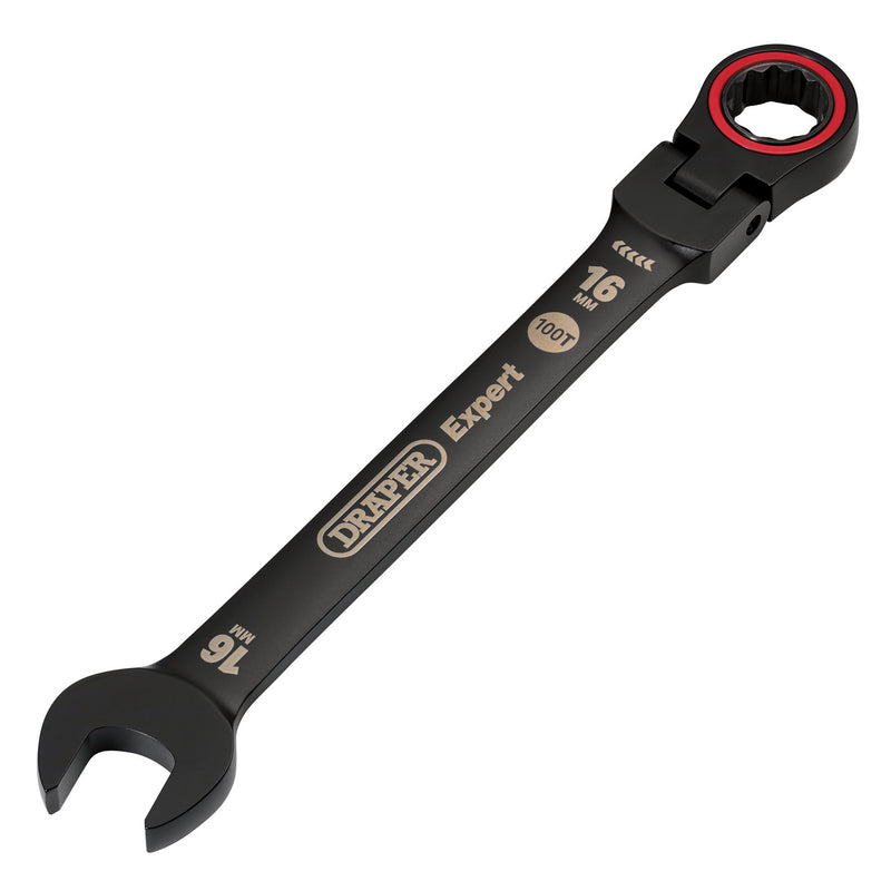 Draper Expert HI-TORQ® Metric Flexible Head Ratchet Combination Spanner, 16mm, Black