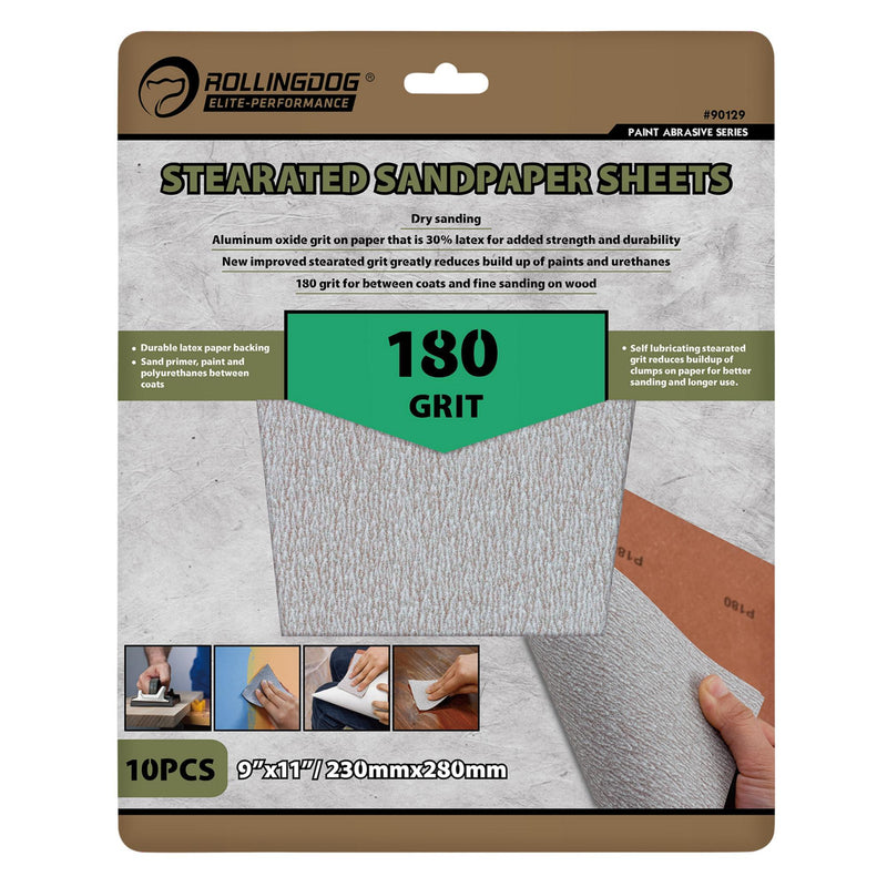 ROLLINGDOG Stearated Sanding Sheets, 230 x 280mm, 180 Grit (Pack of 10)