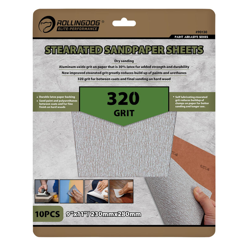 ROLLINGDOG Stearated Sanding Sheets, 230 x 280mm, 320 Grit (Pack of 10)
