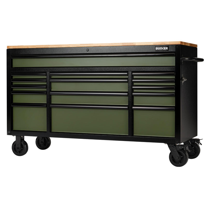 BUNKER 15 Drawer Workbench Roller Tool Cabinet, 61", Green