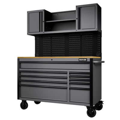 BUNKER 10 Drawer Roller Workstation with Workbench, 56", Light Grey