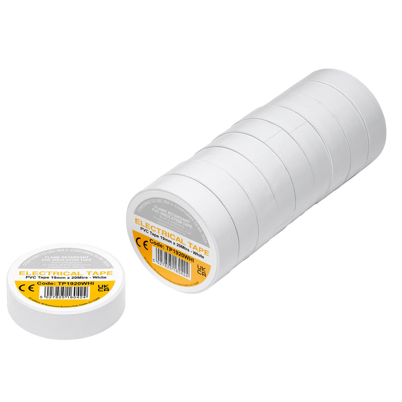 White PVC Electrical Insulation Tape, 19mm x 20m (Pack of 10)