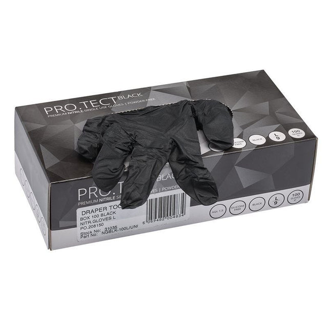 Draper NGBLK - 100L/UNI Nitrile Gloves, Large, Black (Pack of 100) - (31035) - DR-31035 - Draper - Trade Counter Direct