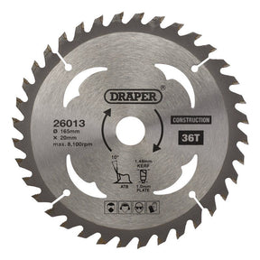 Draper SBC3 TCT Cordless Construction Circular Saw Blade for Wood & Composites, 165 x 20mm, 36T - (26013) - DR-26013 - Draper - Trade Counter Direct