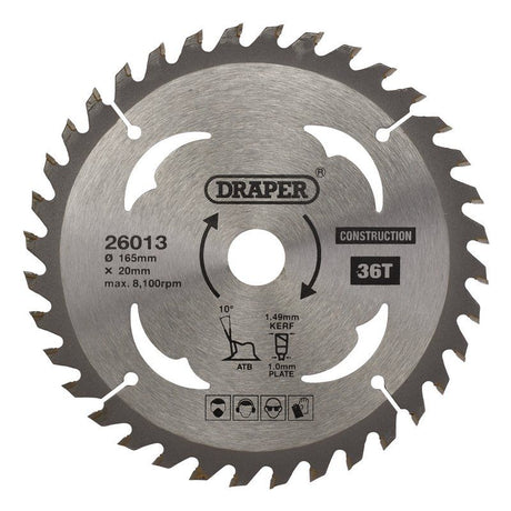Draper SBC3 TCT Cordless Construction Circular Saw Blade for Wood & Composites, 165 x 20mm, 36T - (26013) - DR-26013 - Draper - Trade Counter Direct