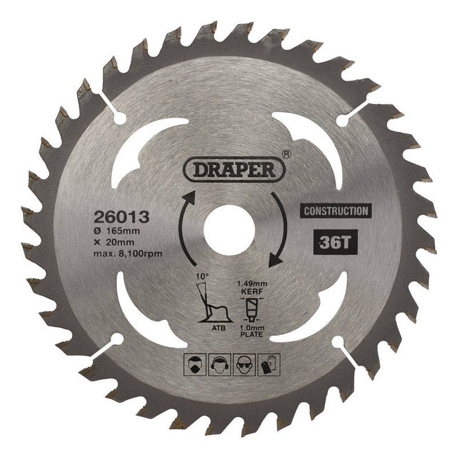 Draper SBC3 TCT Cordless Construction Circular Saw Blade for Wood & Composites, 165 x 20mm, 36T - (26013) - DR-26013 - Draper - Trade Counter Direct