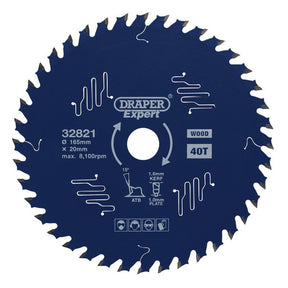 Draper SBE1 Draper Expert TCT Circular Saw Blade for Wood with PTFE Coating, 165 x 20mm, 40T - (32821) - DR-32821 - Draper - Trade Counter Direct