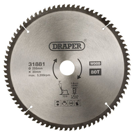 Draper SBTCG1 TCT Triple Chip Grind Circular Saw Blade, 255 x 30mm, 80T - (31881) - DR-31881 - Draper - Trade Counter Direct