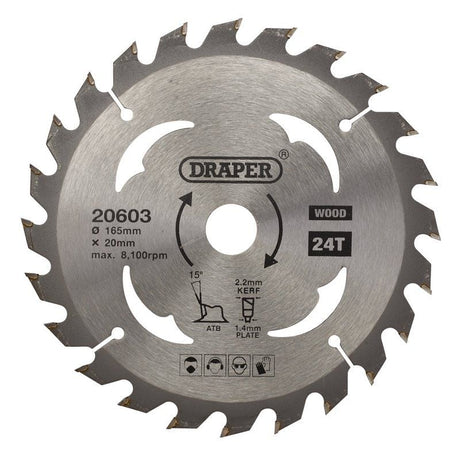 Draper SBW1 TCT Circular Saw Blade for Wood, 165 x 20mm, 24T - (20603) - DR-20603 - Draper - Trade Counter Direct