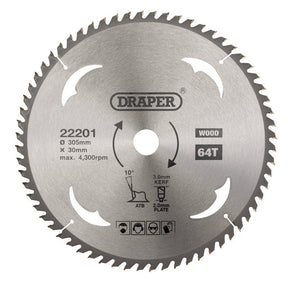 Draper SBW16 TCT Circular Saw Blade for Wood, 305 x 30mm, 64T - (22201) - DR-22201 - Draper - Trade Counter Direct