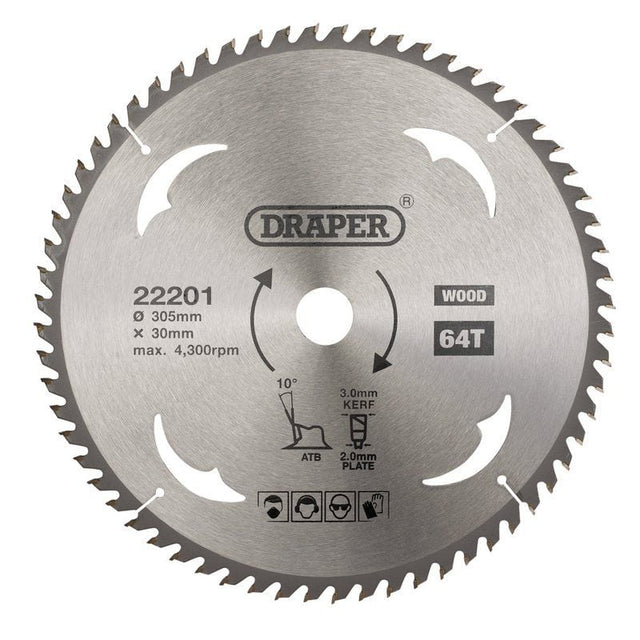 Draper SBW16 TCT Circular Saw Blade for Wood, 305 x 30mm, 64T - (22201) - DR-22201 - Draper - Trade Counter Direct