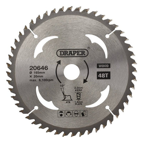 Draper SBW2 TCT Circular Saw Blade for Wood, 165 x 20mm, 48T - DR-20646 - Draper - Trade Counter Direct