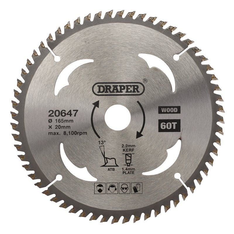 Draper SBW3 TCT Circular Saw Blade for Wood, 165 x 20mm, 60T - DR-20647 - Draper - Trade Counter Direct
