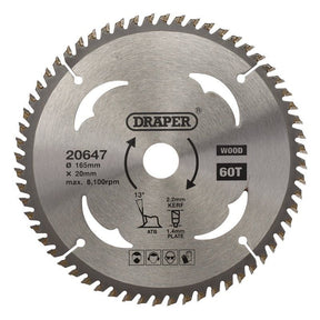 Draper SBW3 TCT Circular Saw Blade for Wood, 165 x 20mm, 60T - DR-20647 - Draper - Trade Counter Direct