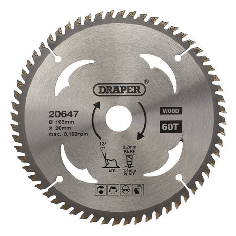 Draper SBW3 TCT Circular Saw Blade for Wood, 165 x 20mm, 60T - DR-20647 - Draper - Trade Counter Direct
