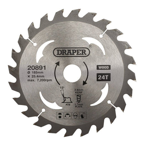 Draper SBW4 TCT Circular Saw Blade for Wood, 185 x 25.4mm, 24T - (20891) - DR-20891 - Draper - Trade Counter Direct