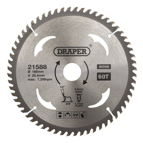 Draper SBW6 TCT Circular Saw Blade for Wood, 185 x 25.4mm, 60T - (21588) - DR-21588 - Draper - Trade Counter Direct