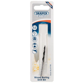 Draper WBBPB Wood Drill Bit, 3mm (Pack of 2) - (41790) - DR-41790 - Draper - Trade Counter Direct