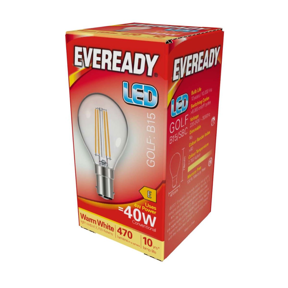 Eveready LED Filament Golf B15 (SBC) 470lm 4W 2,700K (Warm White) - S15480 - Eveready - Trade Counter Direct