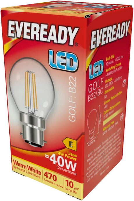 Eveready LED Filament Golf B22 (BC) 470lm 4W 2,700K (Warm White) - S15479 - Eveready - Trade Counter Direct