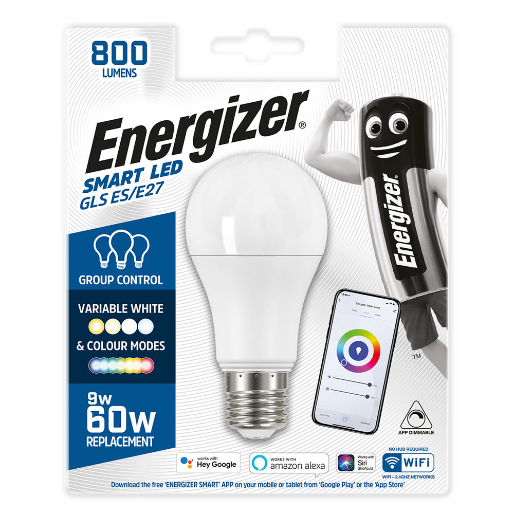 Energizer 9W-60W SMART LED GLS ES/E27 Bulb (Alexa/Hey Google/Siri Compatible)