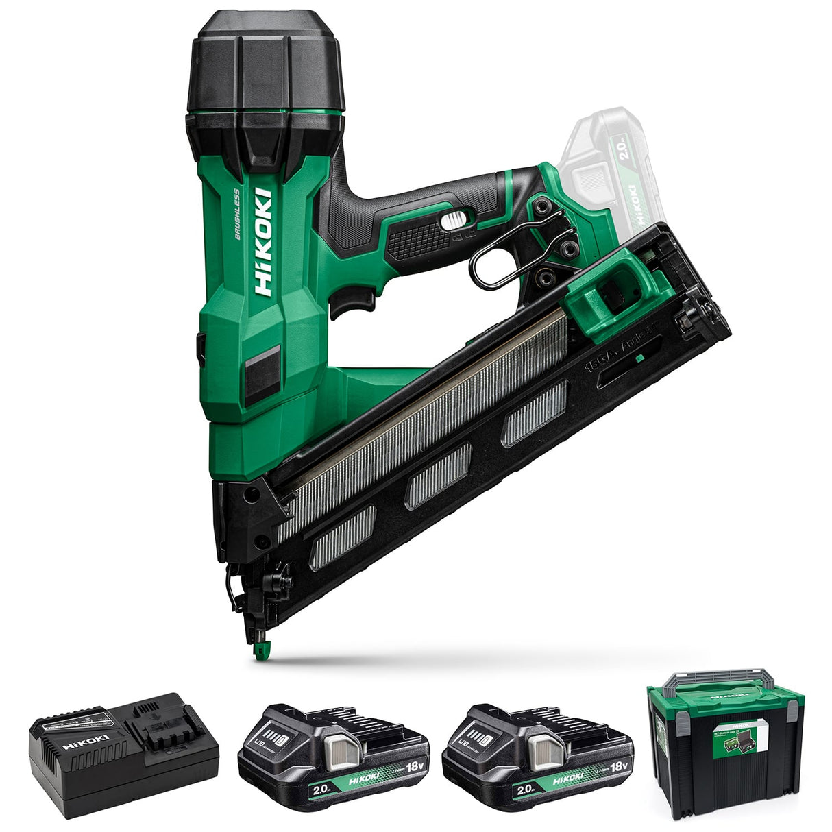 Hikoki 18V 15GA Brushless Angled Finish Nailer 2 x 2.0Ah batteries, charger and Case - NT1865DAAJXZ - NT1865DAAJXZ - HiKOKI / Hitachi Power Tools UK - Trade Counter Direct