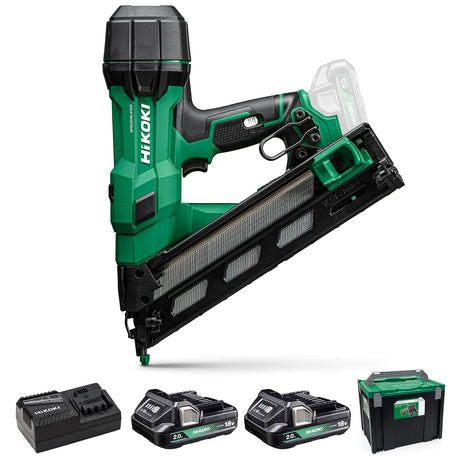 Hikoki 18V 15GA Brushless Angled Finish Nailer 2 x 2.0Ah batteries, charger and Case - NT1865DAAJXZ - NT1865DAAJXZ - HiKOKI / Hitachi Power Tools UK - Trade Counter Direct