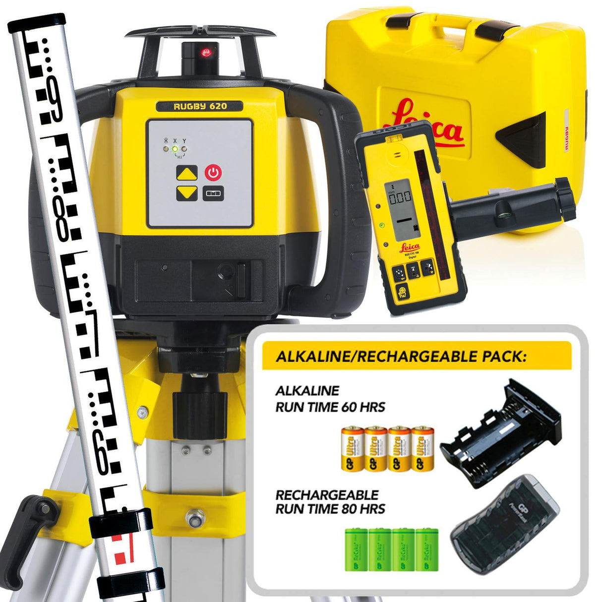 Leica Rugby 620 Rotary Laser Kit – Li - ion Battery, RE160 Digital Receiver, Tripod & 4m Staff, SKU 6005986KIT - 6005986KIT - Leica - Trade Counter Direct