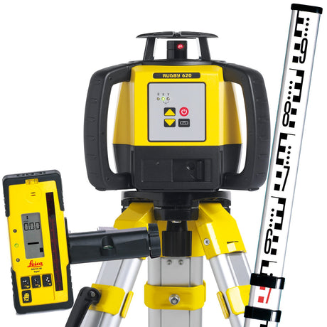 Leica Rugby 620 Rotary Laser Kit – Li - ion Battery, RE160 Digital Receiver, Tripod & 4m Staff, SKU 6005986KIT - 6005986KIT - Leica - Trade Counter Direct
