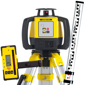 Leica Rugby 620 Rotary Laser Kit with Alkaline Tray & RE120 – 600m Range, Manual Grade, IP67, Tripod and Staff Included - 6011152KIT - Leica - Trade Counter Direct