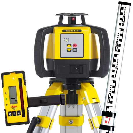 Leica Rugby 620 Rotary Laser Kit with Alkaline Tray & RE120 – 600m Range, Manual Grade, IP67, Tripod and Staff Included - 6011152KIT - Leica - Trade Counter Direct