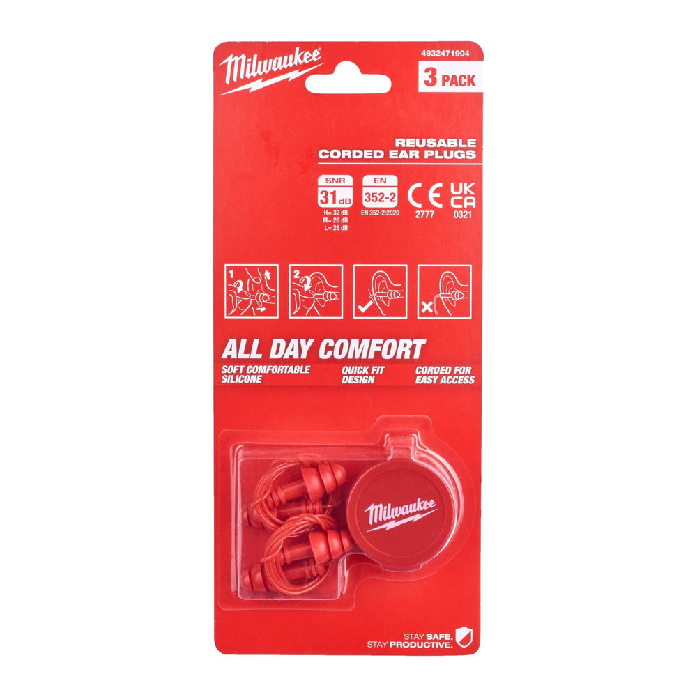 Milwaukee 4932471904 Reusable Corded Ear Plugs - 3 Pairs - 4932471904 - Milwaukee Tools UK - Trade Counter Direct