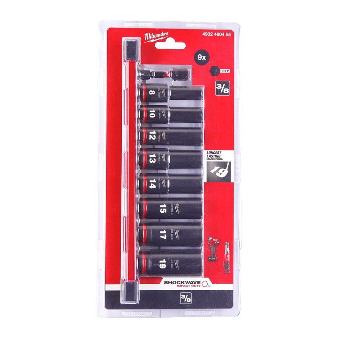 Milwaukee 9 Piece 3/8" Deep Impact Socket Rail Set - 4932480455 - 4932480455 - Milwaukee Tools UK - Trade Counter Direct