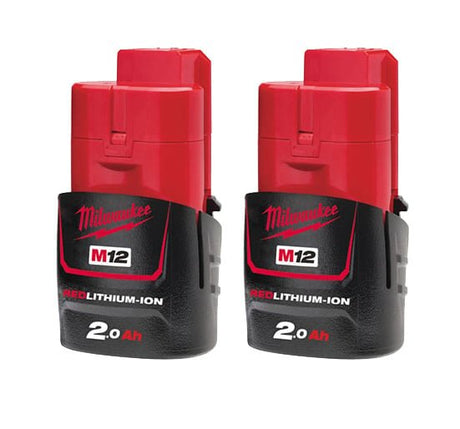 Milwaukee M12B2 12v 2 x 2.0Ah Red Lithium - Ion Battery - M12B5X2 - M12B2X2 - Milwaukee Tools UK - Trade Counter Direct