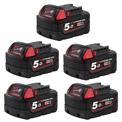 Milwaukee M18B5 x 5 4932430483 M18 18v Red Lithium - Ion Battery 5ah - M18B5X5 - Milwaukee Tools UK - Trade Counter Direct