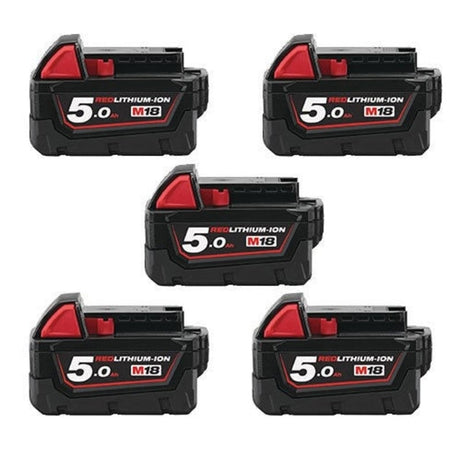 Milwaukee M18B5 x 5 4932430483 M18 18v Red Lithium - Ion Battery 5ah - M18B5X5 - Milwaukee Tools UK - Trade Counter Direct