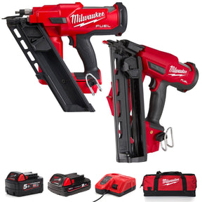 Milwaukee M18FPP2BE - 522B 18v Twin Nailer Kit M18FFN/M18FN16GA Framing/16G Angled - M18FPP2BE-522B - Milwaukee Tools UK - Trade Counter Direct