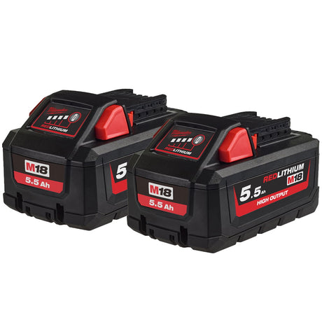 Milwaukee M18HB5.5X2 2 X M18 5.5Ah REDLITHIUM - ION High Output Batteries - M18HB5.5X2 - Milwaukee Tools UK - Trade Counter Direct