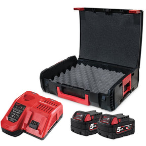 Milwaukee M18NRG - 502C Battery + Charger and Case Kit - 2 X 5.0Ah - M18NRG-502C - Milwaukee Tools UK - Trade Counter Direct