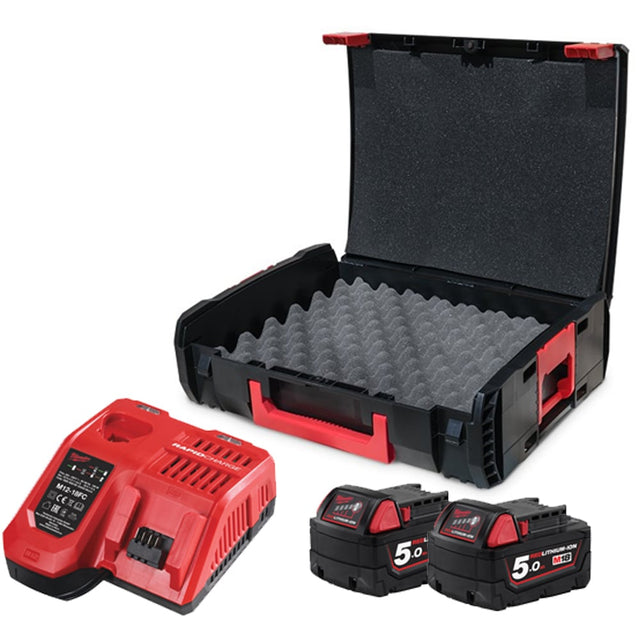 Milwaukee M18NRG - 502C Battery + Charger and Case Kit - 2 X 5.0Ah - M18NRG-502C - Milwaukee Tools UK - Trade Counter Direct