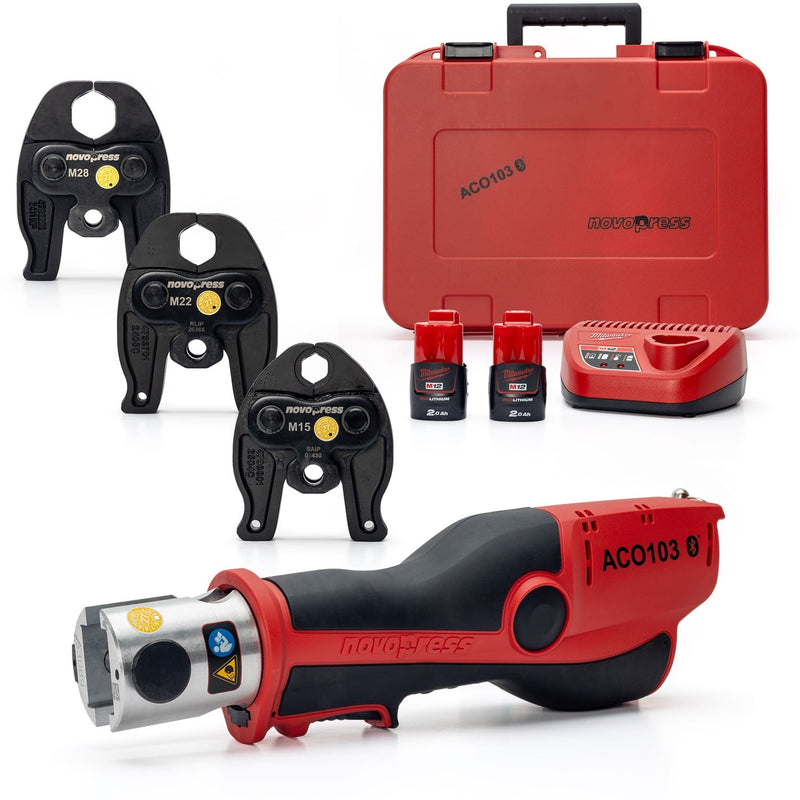 Novopress ACO103 Pressing Tool - 3x Profile - M Jaws - 2x 2Ah Batteries - and Angled Jaw Set - 497788062-50001-50869-50 - Novopress - Trade Counter Direct